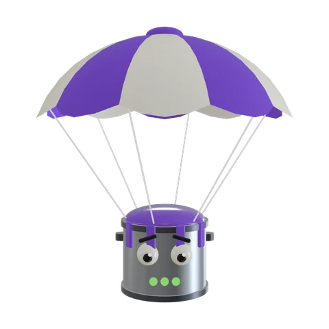 Bucket Brute: an armored paint bucket with eyes under a big parachute