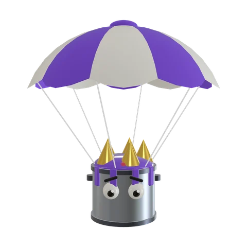 King Brute: a giant crowned paint bucket under a huge parachute