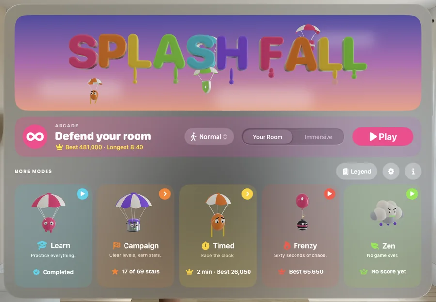 Splash Fall's menu: SPLASH FALL in 3D paint letters, the Arcade bar, and a card for each mode with its own 3D mascot