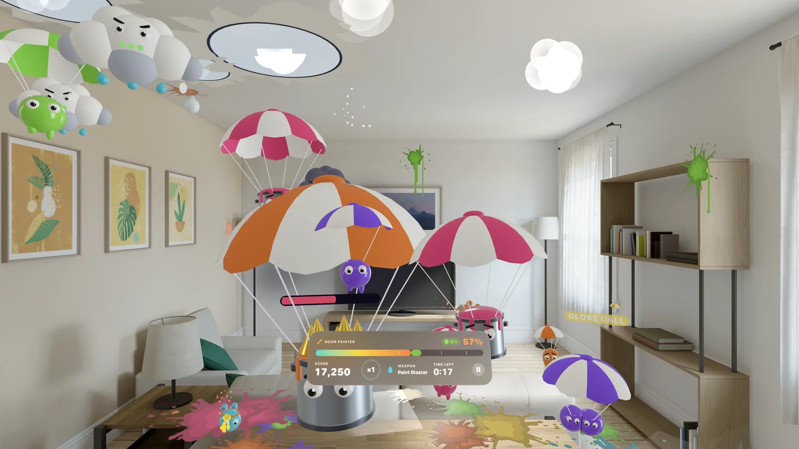 Paint troopers and rain clouds pour through holes burst open in a living-room ceiling, while the King Brute drops in and paint splatters the floor