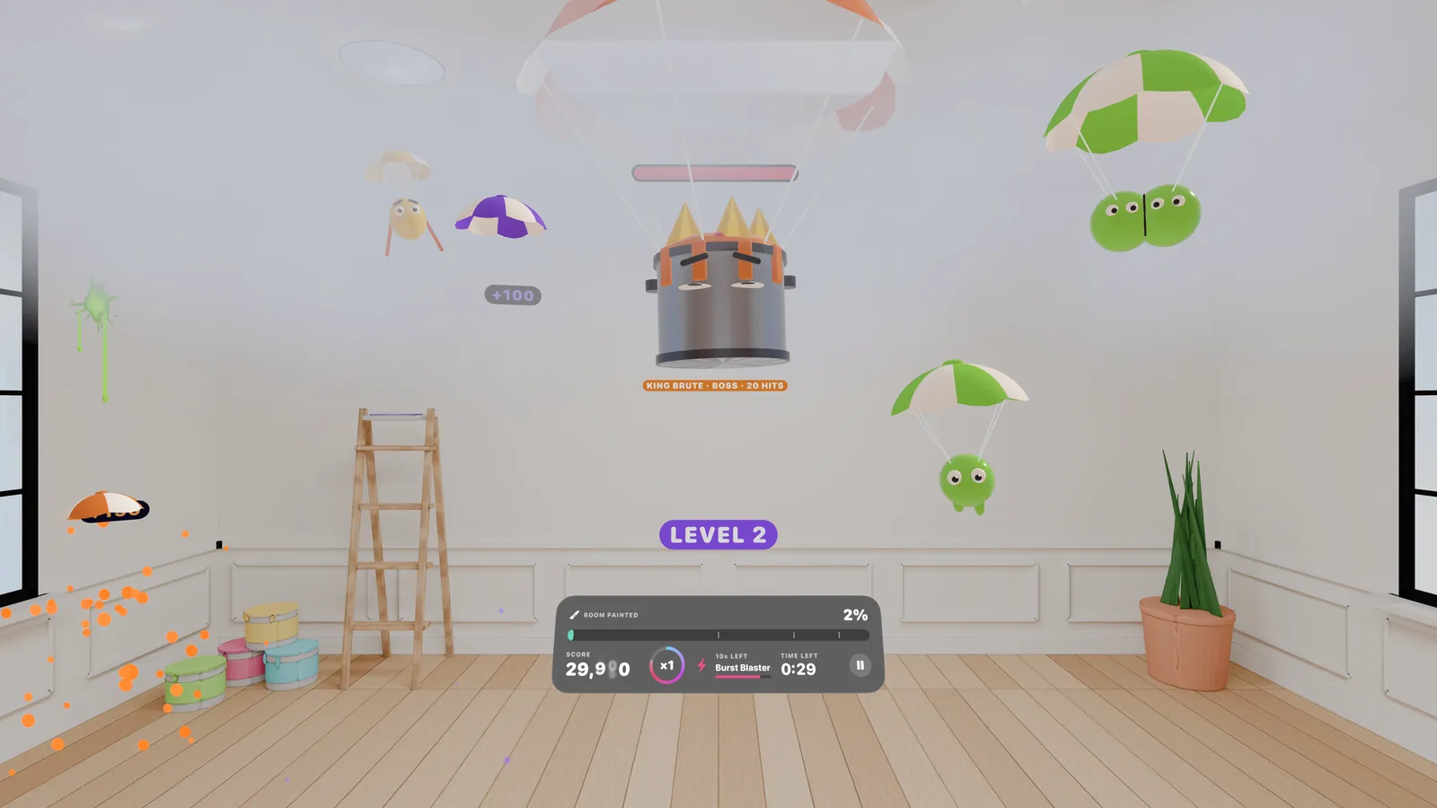 A round in the Sky Loft: troopers, a Bucket Brute, and a level-up badge
