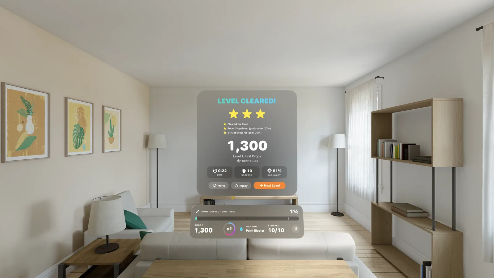 A campaign results card: level cleared with three stars