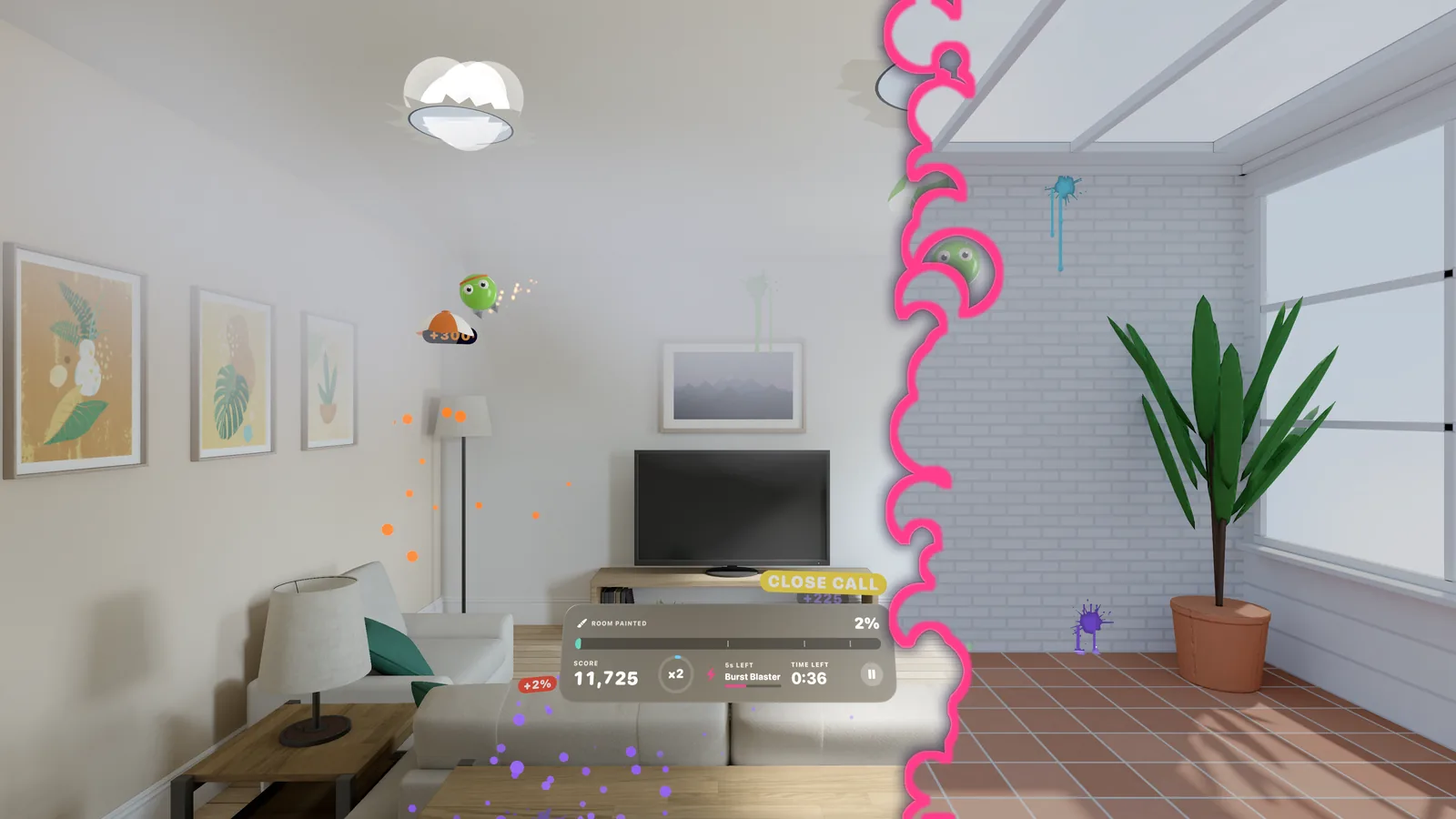 Your room, or a room in the sky: the living room and the Greenhouse, split down a wet paint edge